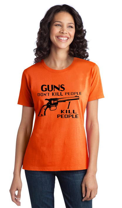 Ladies Orange "Guns Don't Kill People - Happy Gilmore Homage  T-shirt