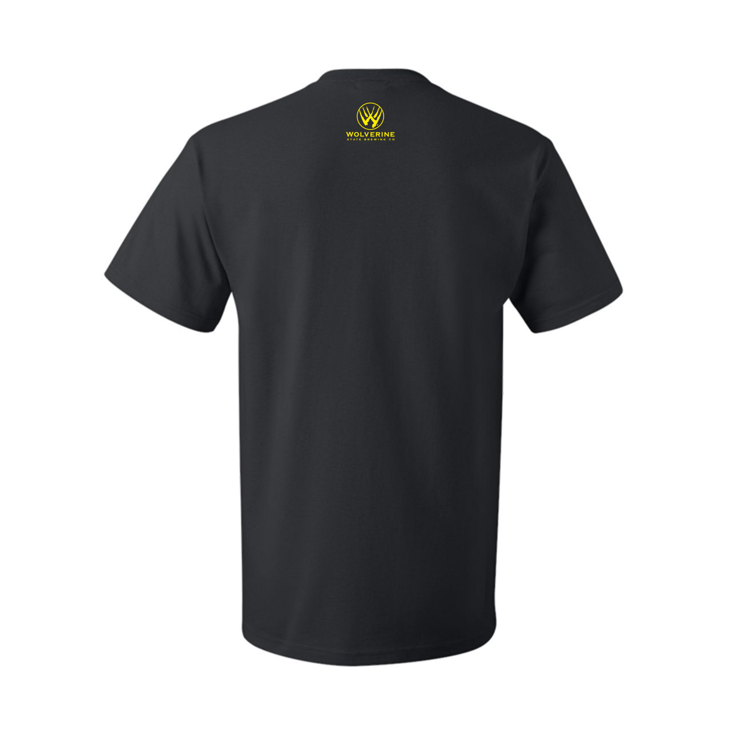 Black Unisex T-shirt with Small Yellow Wolverine Logo on Back Tag
