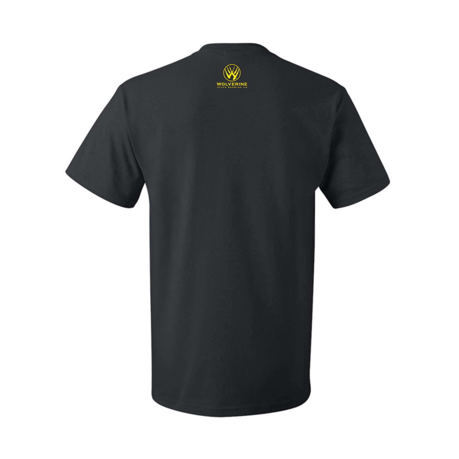 Black Unisex T-shirt with Small Yellow Wolverine Logo on Back Tag