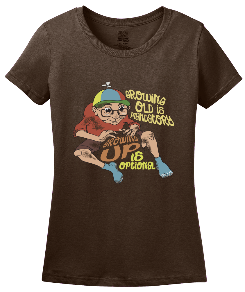 Ladies Brown Growing Old Is Mandatory, Up Is Optional - Aging Humor Old Man T-shirt