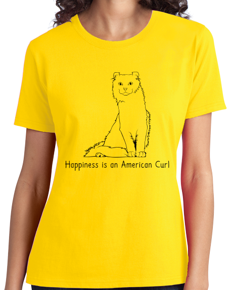 Ladies Yellow Happiness Is An American Curl -Cat Lover Kitty Breed Fancy T-shirt
