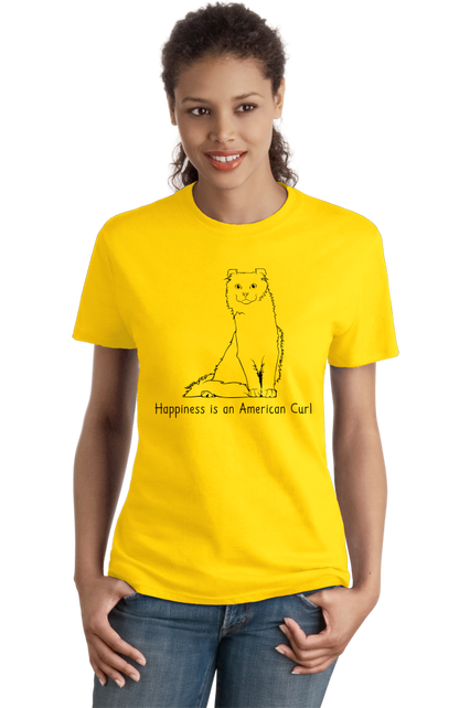 Ladies Yellow Happiness Is An American Curl -Cat Lover Kitty Breed Fancy T-shirt
