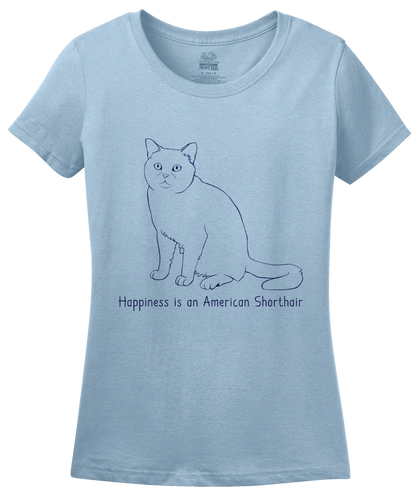 Ladies Light Blue Happiness Is An American Short Hair - Cat Lover Kitty Breed T-shirt