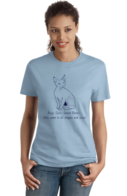 Ladies Light Blue Boys, Girls, & Devon Rexes = Kids - Cat Lover Parent Pet T-shirt