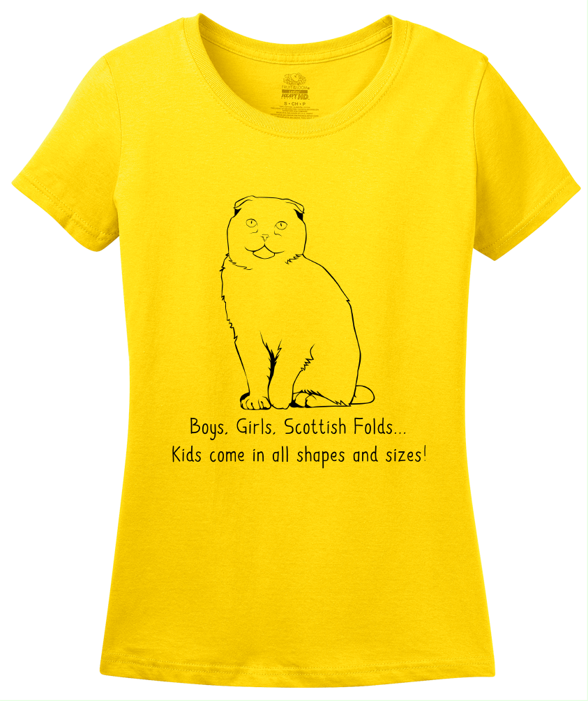 Ladies Yellow Boys, Girls, & Scottish Folds = Kids - Cat Lover Parent Cute T-shirt