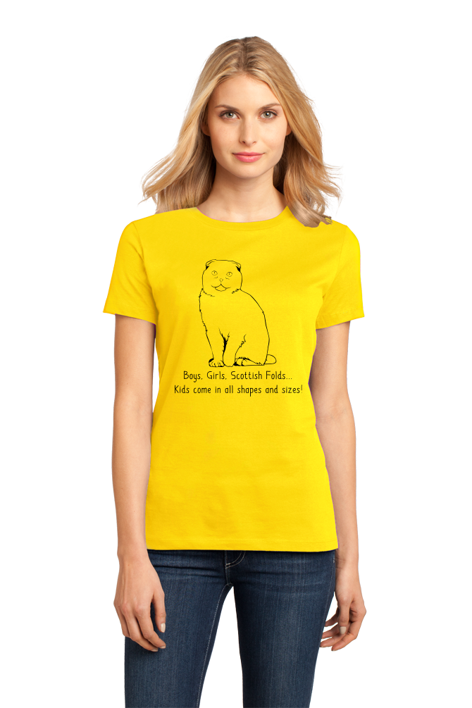 Ladies Yellow Boys, Girls, & Scottish Folds = Kids - Cat Lover Parent Cute T-shirt