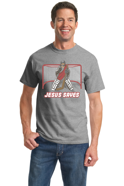 Standard Grey Jesus Saves - Hockey Fan Christian Funny Jesus Saves Goalie T-shirt