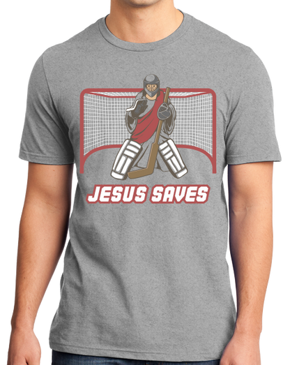 Standard Grey Jesus Saves - Hockey Fan Christian Funny Jesus Saves Goalie T-shirt