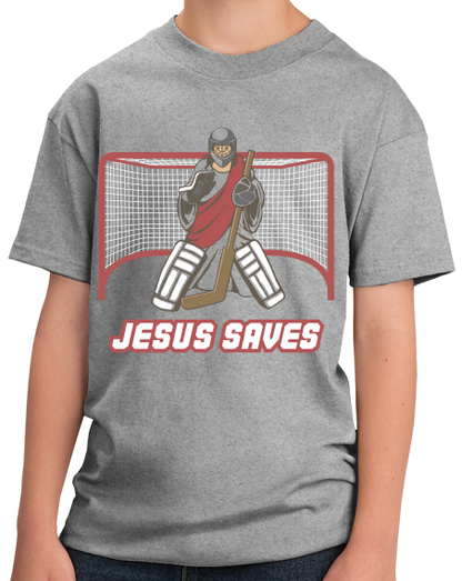 Youth Grey Jesus Saves - Hockey Fan Christian Funny Jesus Saves Goalie T-shirt