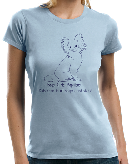 Ladies Light Blue Boys, Girls, & Papillons = Kids - Papillon Dog Lover Parent T-shirt