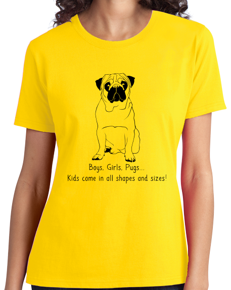 Ladies Yellow Boys, Girls, & Pugs = Kids - Pug Parent Owner Lover Cute Funny T-shirt