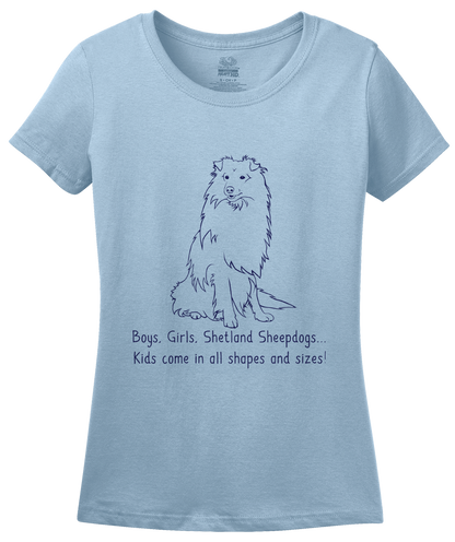 Ladies Light Blue Boys, Girls, & Shetland Sheepdogs = Kids - Sheltie Owner Parent T-shirt