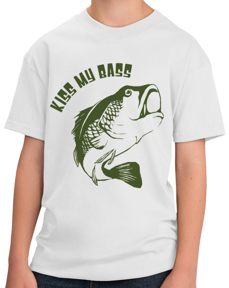 Youth White Kiss My Bass - Fishing Humor Vulgar Joke Funny Fisherman Bass 