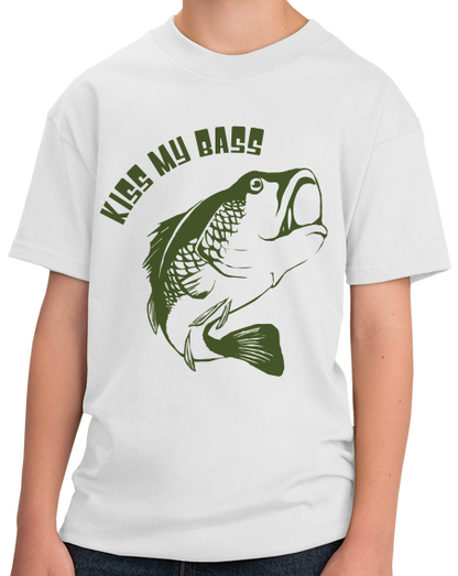 Youth White Kiss My Bass - Fishing Humor Vulgar Joke Funny Fisherman Bass 