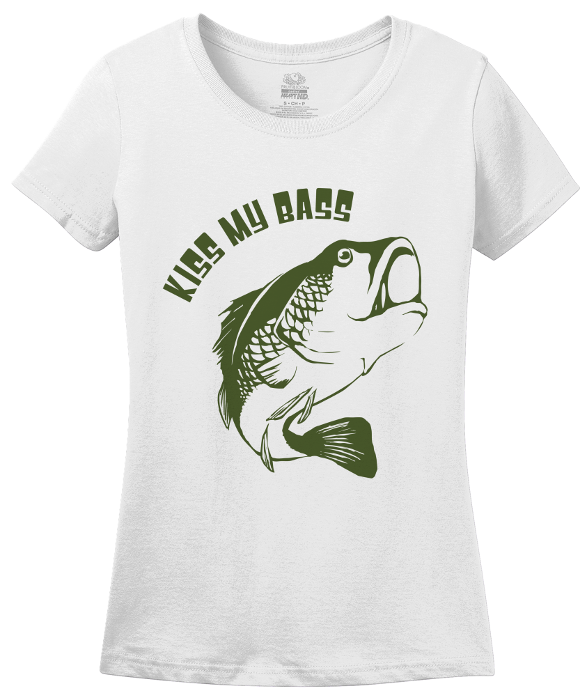 Ladies White Kiss My Bass - Fishing Humor Vulgar Joke Funny Fisherman Bass 