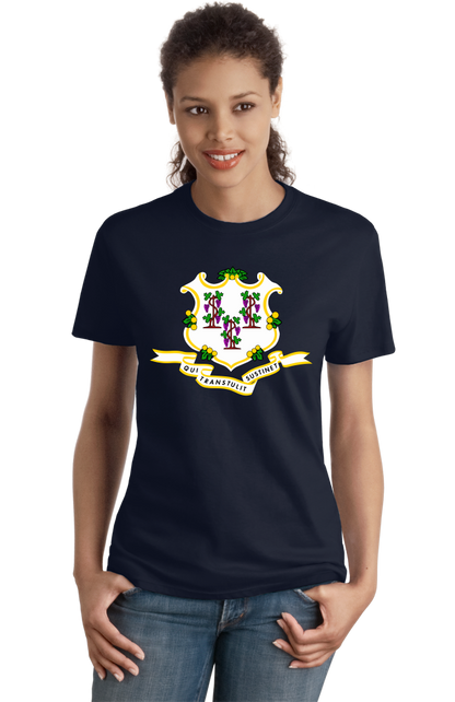 Ladies Navy Connecticut State Flag - Connecticut Flag Early America T-shirt