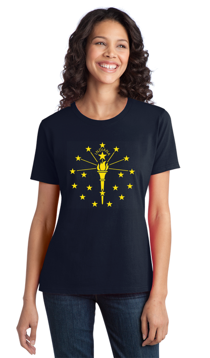 Ladies Navy Indiana State Flag - Indiana State Flag Indy 500 History Home T-shirt