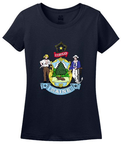 Ladies Navy Maine State Flag - Maine State Flag Vacationland History Home T-shirt