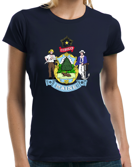 Ladies Navy Maine State Flag - Maine State Flag Vacationland History Home T-shirt