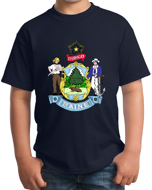 Youth Navy Maine State Flag - Maine State Flag Vacationland History Home T-shirt