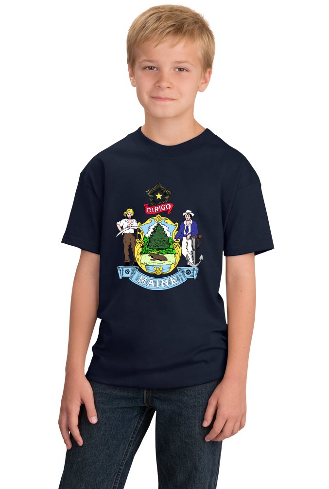 Youth Navy Maine State Flag - Maine State Flag Vacationland History Home T-shirt