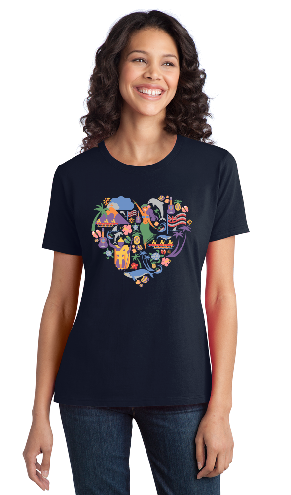 Ladies Navy Hawaii Icon Heart - Hawaiian Love Heritage Culture Pride Cute T-shirt