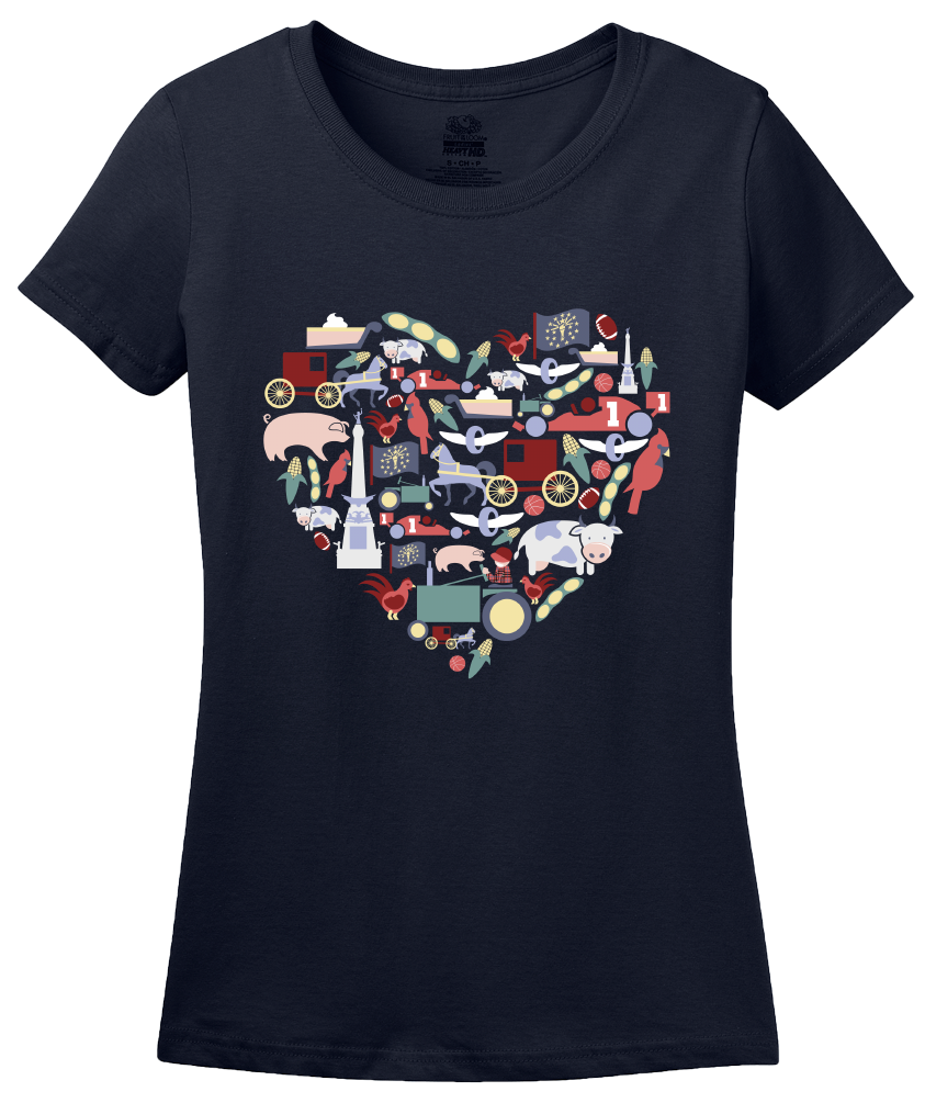 Ladies Navy Indiana Icon Heart - Indiana Love Pride Culture Symbols Cute Fun T-shirt