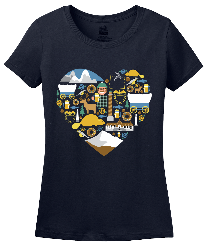 Ladies Navy Oregon Icon Heart - Oregon Love Cute Pride Culture Symbols Fun T-shirt