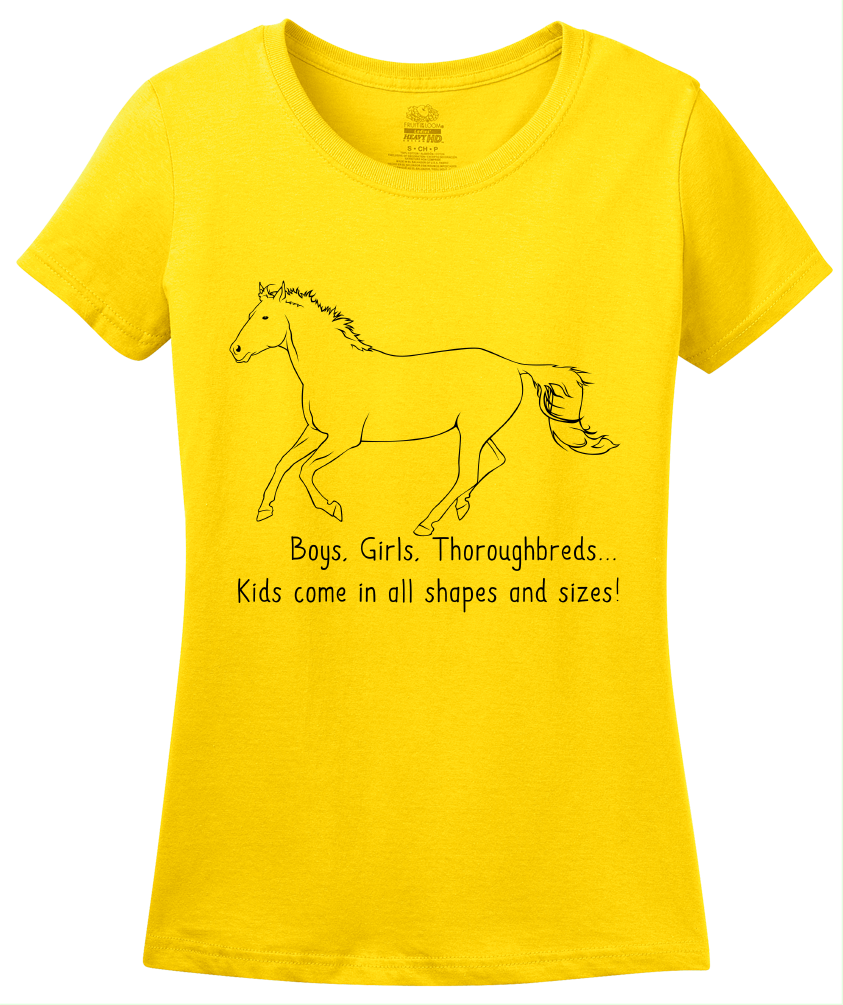 Ladies Yellow Boys, Girls, & Thoroughbreds = Kids - Horse Lover Thoroughbred T-shirt