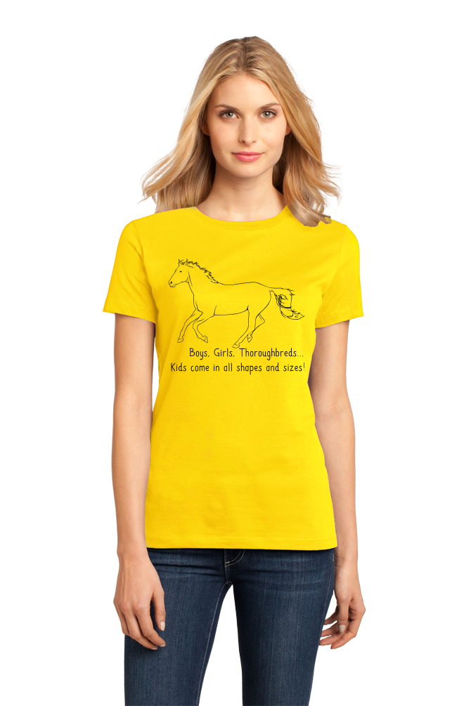 Ladies Yellow Boys, Girls, & Thoroughbreds = Kids - Horse Lover Thoroughbred T-shirt