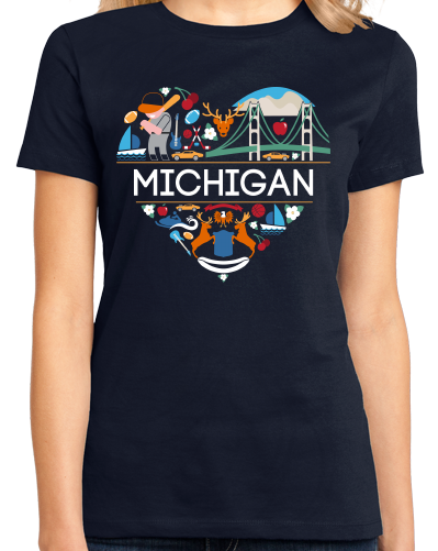 Ladies Navy Michigan Love - Michigan Pride Mitten State Detroit Motown Cute T-shirt