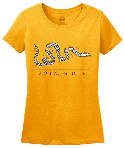 Ladies Gold Join Or Die - American Revolution Ben Franklin Liberty Patriot T-shirt