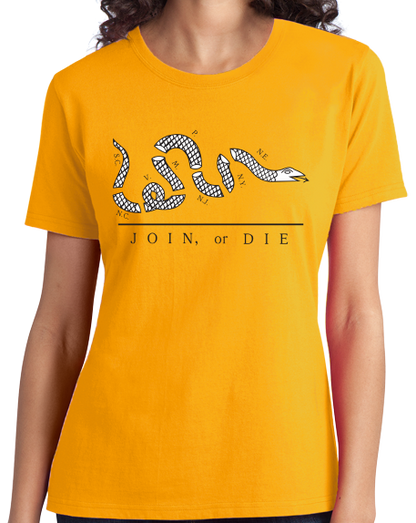 Ladies Gold Join Or Die - American Revolution Ben Franklin Liberty Patriot T-shirt