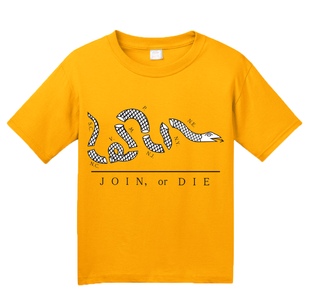 Youth Gold Join Or Die - American Revolution Ben Franklin Liberty Patriot T-shirt