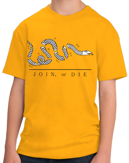 Youth Gold Join Or Die - American Revolution Ben Franklin Liberty Patriot T-shirt