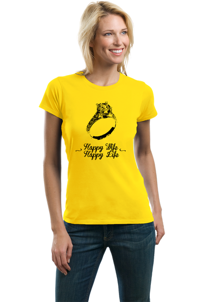 Ladies Yellow Happy Wife, Happy Life - Bachelor Party New Husband Advice T-shirt