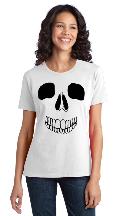 Ladies White Skeleton Face - Skull Spooky Halloween Fun Silly Hipster T-shirt