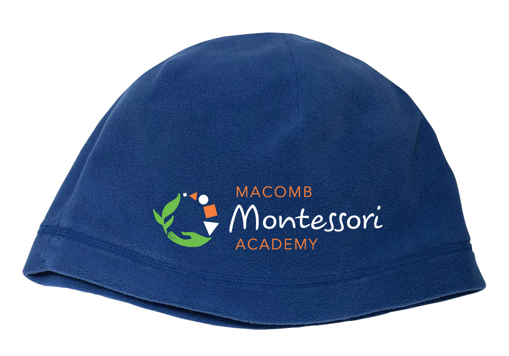 Fleece Beanie Royal Macomb Montessori Academy Green, White, and Orange Logo Hat