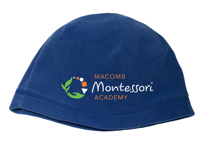 Fleece Beanie Royal Macomb Montessori Academy Green, White, and Orange Logo Hat