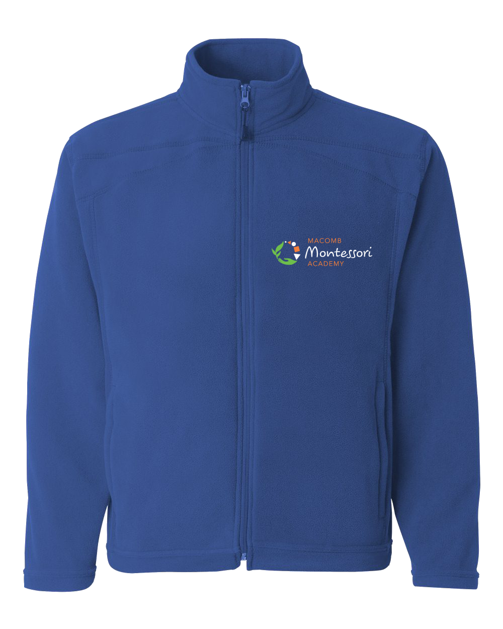 Adult Microfleece Full Zip Jacket Royal Macomb Montessori Academy Green, White, and Orange Logo Full-Zip-Fleece