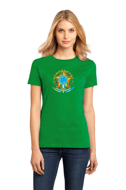 Ladies Green Brazil Coat Of Arms - Brazilian Pride Love Rio Bahia Brasil T-shirt