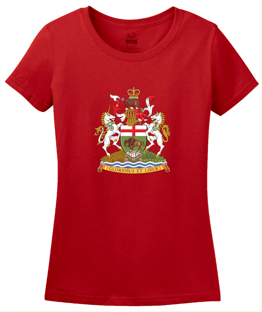 Ladies Red Manitoba Provincial Coat Of Arms - Winnipeg Mantinoban Pride T-shirt