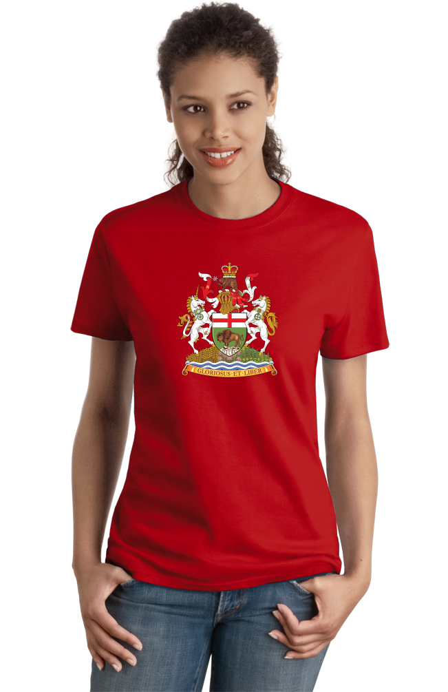 Ladies Red Manitoba Provincial Coat Of Arms - Winnipeg Mantinoban Pride T-shirt