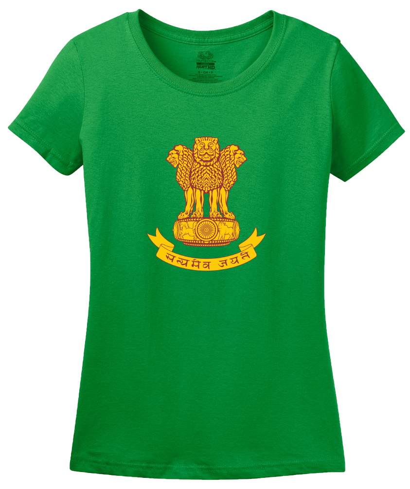 Ladies Green Indian National Emblem - India Heritage Pride Ashoka Lion T-shirt