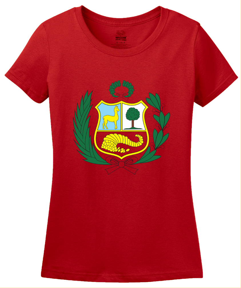Ladies Red Peruvian Coat Of Arms Flag - Peru Pride Love Cusco Heritage T-shirt