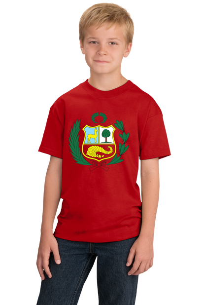 Youth Red Peruvian Coat Of Arms Flag - Peru Pride Love Cusco Heritage T-shirt