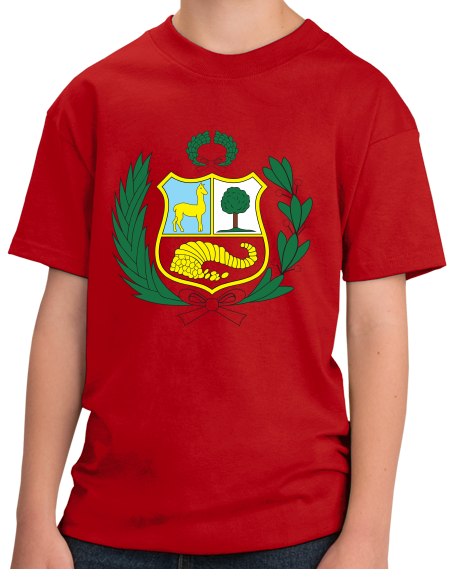 Youth Red Peruvian Coat Of Arms Flag - Peru Pride Love Cusco Heritage T-shirt