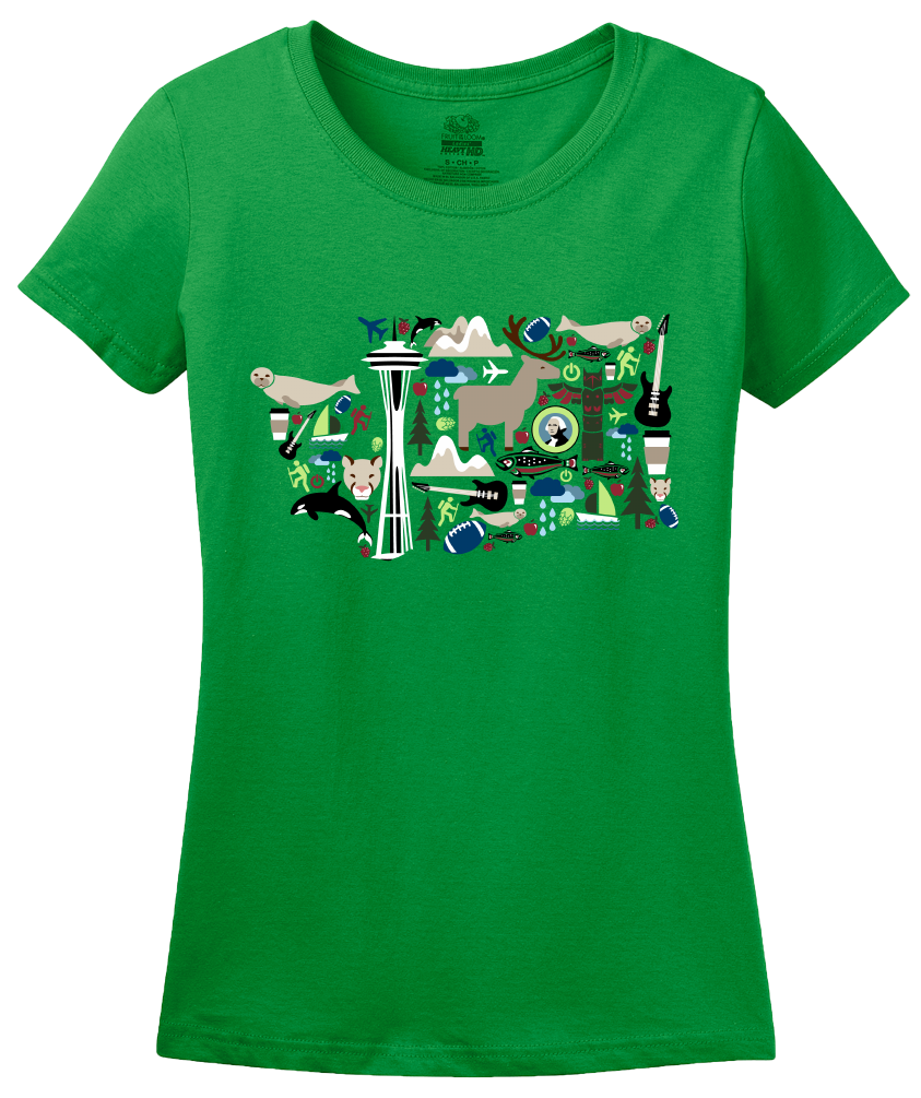 Ladies Green Washington Icon Map - Evergreen State Love Seattle Pride T-shirt