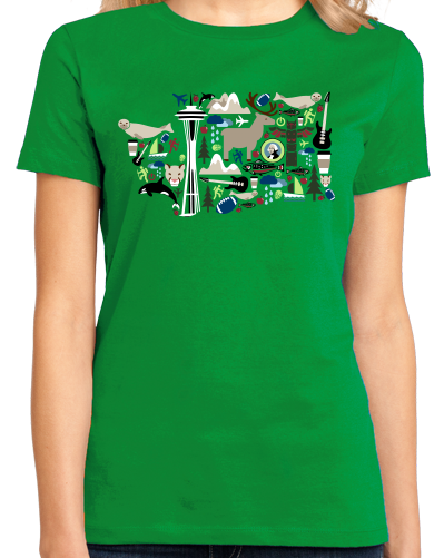 Ladies Green Washington Icon Map - Evergreen State Love Seattle Pride T-shirt
