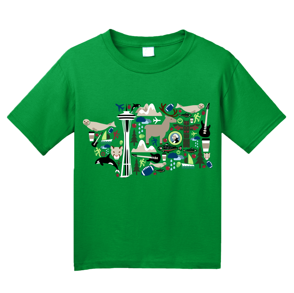 Youth Green Washington Icon Map - Evergreen State Love Seattle Pride T-shirt